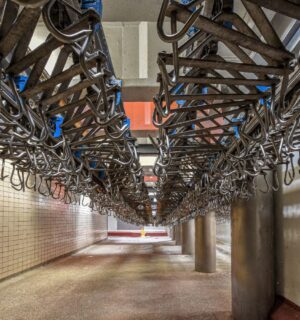 Photo shows hundreds of empty steel hooks in a run down slaughterhouse, also known as an abattoir. The number of UK abattoirs has declined by approximately 92 percent since the 1970s - here's why that's bad for animals
