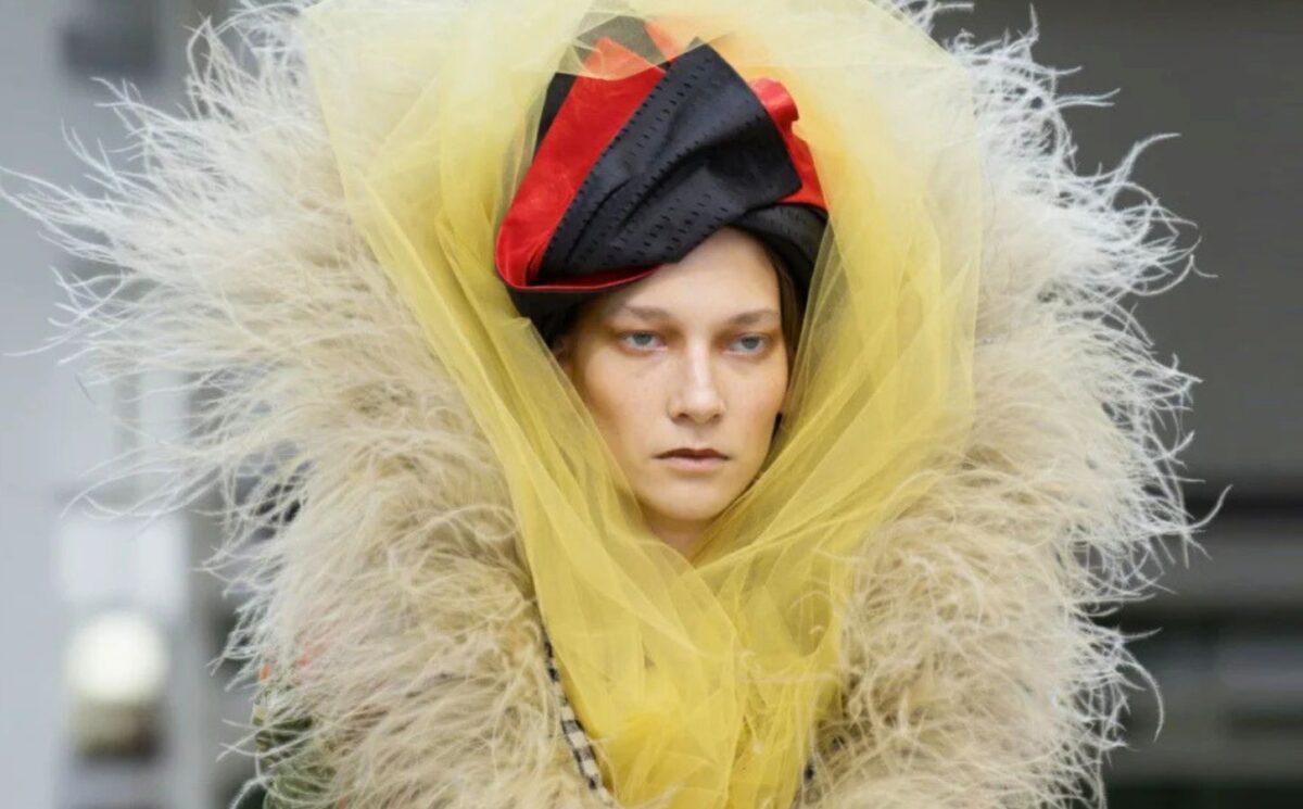 Photo shows a model wearing one of Vivienne Westwood's new outfits featuring vegan feathers by FEVVERS.
