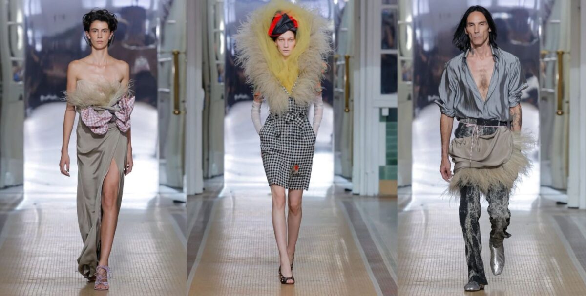 Photo shows the three new outfits showcased by Vivienne Westwood at Paris Fashion Week, all of which feature vegan feathers by FEVVERS