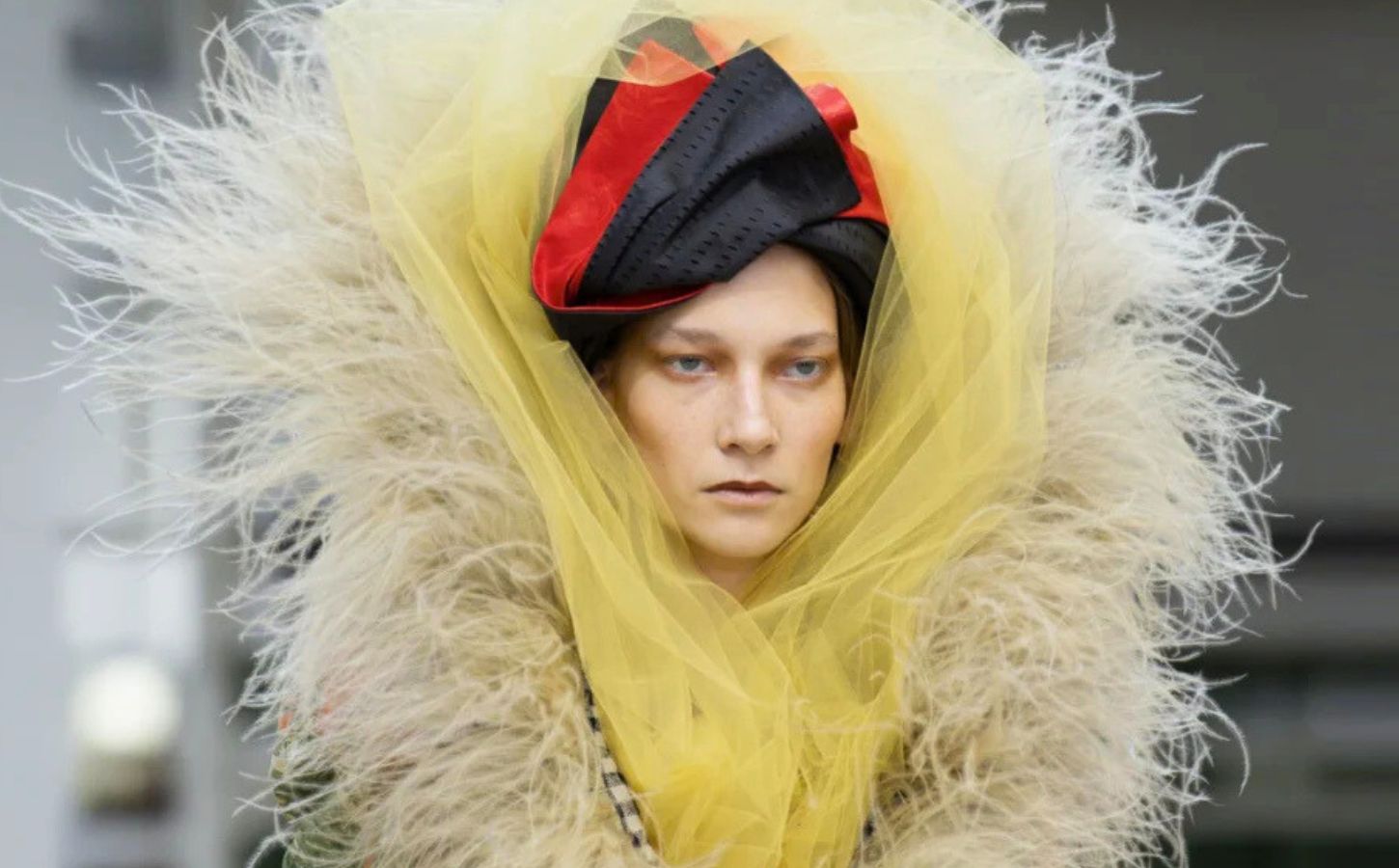 Photo shows a model wearing one of Vivienne Westwood's new outfits featuring vegan feathers by FEVVERS.